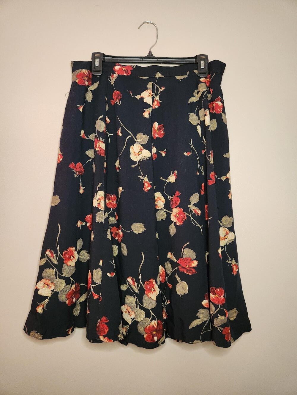Vintage 90s Koret Black Floral A-Line Midi Skirt Size 16W